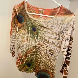 Petite JM Feather Pattern Long Sleeve Top - Orange and Green